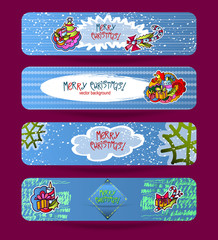 Christmas banner Set. Holiday background with hand drawings,  doodle for web. Collection of brightly flyers with patterns, snowflakes and snow. Grunge frame.