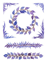 Fototapeta na wymiar Watercolor decorative collection, various elements with adstract leaves.