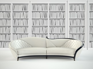 interior room with book wall and sofa