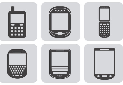 Gray Mobile Phone Icons Evolution Digital. Retro to Modern Icons Set
