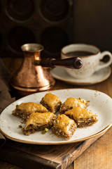 Homemade baklava with nuts and honey