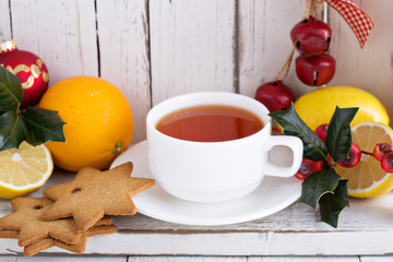 Tea with cookies and oranges for Christmas