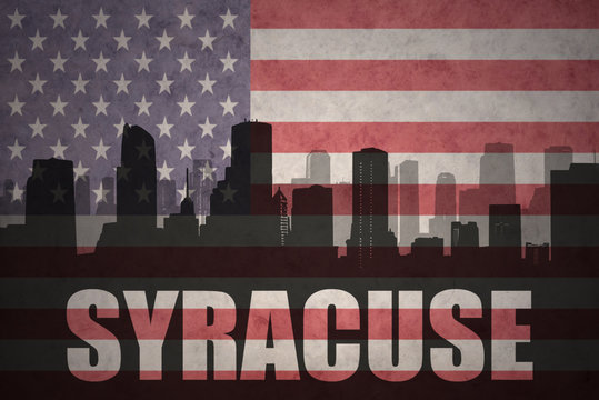 abstract silhouette of the city with text Syracuse at the vintage american flag