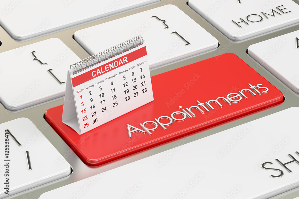 Aufkleber appointments concept with calendar on the keyboard, 3d rendering
