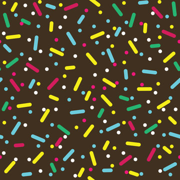 Donut glaze seamless pattern. Cream texture with topping of colorful sprinkles and beads on chocolate background. Food bakery decoration. Vector eps8 illustration.