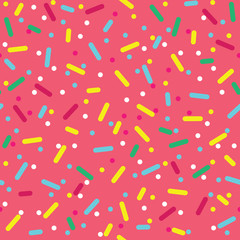Donut glaze seamless pattern. Cream texture with topping of colorful sprinkles and beads on pink background. Food bakery decoration. Vector eps8 illustration.