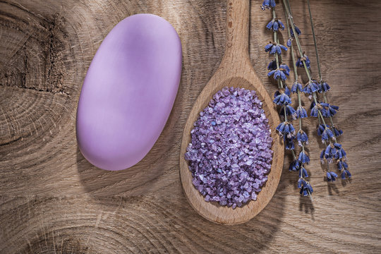 Wooden spoon with crystal sea salt scented lavender piece of soa