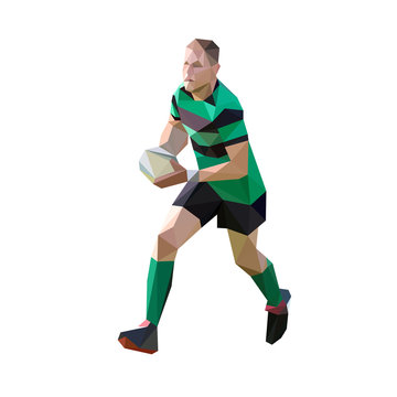 Running rugby player with ball, polygonal vector illustration