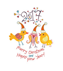 Funny chickens in Christmas cap. 2017. Merry Christmas and Happy New Year! 