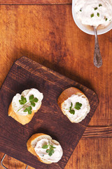 Composition of savory snacks on the kitchen table