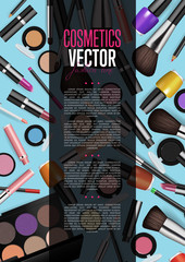 Cosmetic product presentation booklet cover. Makeup accessories set on blue. Brushes, powder, lipstick, eye pencil, nail polish vectors. Cosmetics promo brochure page template for magazine publication