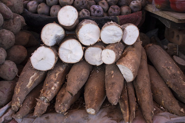 Cassava roots (Yuca) on a market (San Camilo), Arequipa, Peru