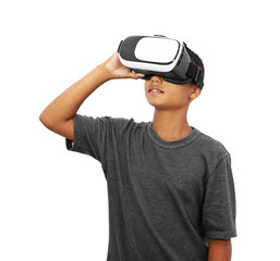 African-American boy wearing virtual reality glasses on white background