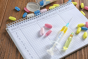 Notebook and drugs on wooden background