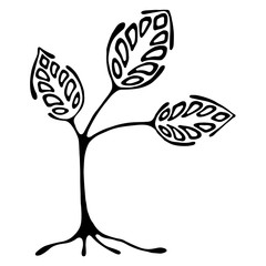 Vector hand drawn illustration, decorative ornamental stylized tree. Black and white graphic illustration isolated on the white background. Inc drawing silhouette. Decorative artistic ornamental wood