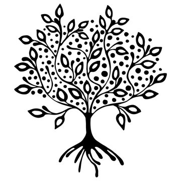 Vector hand drawn illustration, decorative ornamental stylized tree. Black and white graphic illustration isolated on the white background. Inc drawing silhouette. Decorative artistic ornamental wood