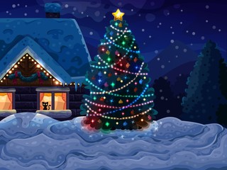 Christmas background with Christmas tree and house