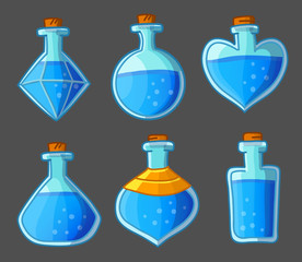 Collection of blue magical bottles