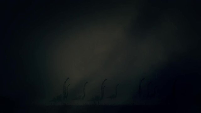 Dinosaurs Herd Migrating Through a Big Storm Againts the Wind