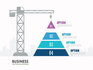Pyramid chart options construction infographics. Structure and city, build tower crane, vector illustration