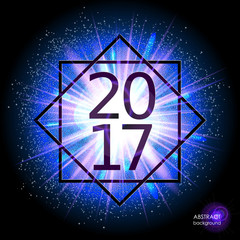 Happy New Year 2017 in the frame. Date is on the background of the explosion glowing clouds of gas and dust. Fireworks on dark background. Festive Collection. Abstract vector element for web design 