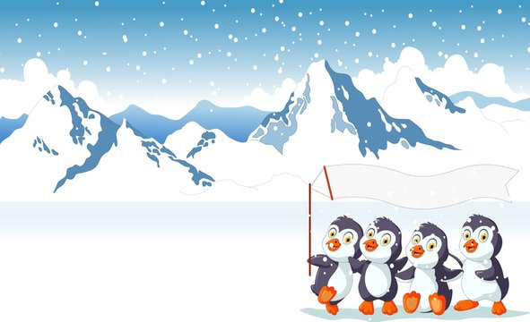 funny penguin cartoon holding flag with snow mountain landscape background