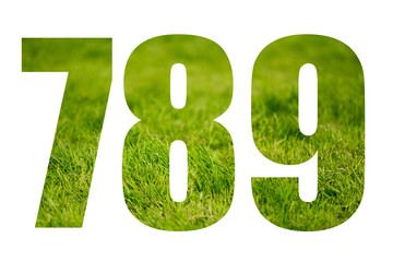 Double exposure with green grass. Number 7, 8, 9. Isolated on white background