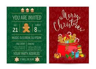 Invitation on Christmas party with date and time. Large Santasack with gifts, sweets, sock, holly, gingerbread cookies cartoon vector. Merry Christmas and happy New Year greetings. Xmas celebrating