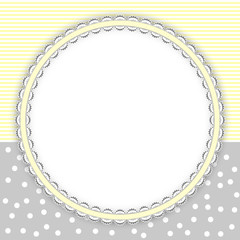 Retro frame background with dots, strips and place for text surrounded by lace line. Elegant grey and yellow colors. Vector illustration.
