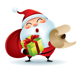 Santa Claus carrying sack and holding a list and gift