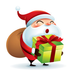 Santa Claus carrying sack and holding a gift