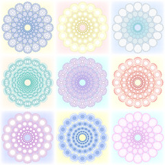 Different ornament rounds circles in ethnic style, can be used as seamless geometric background pattern. Pastel colors. Vector illustration.
