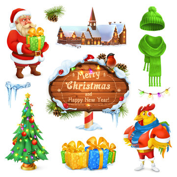Merry Christmas and Happy New Year. Santa Claus. Christmas tree. Wooden sign. Gift box. Winter knitted hat. 3d vector icon set