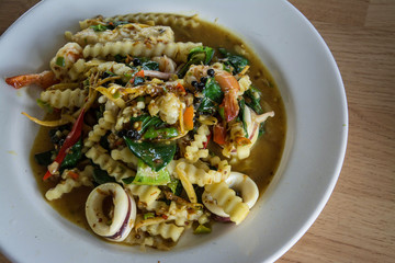Spicy seafood stir fried, Thai spicy herb food