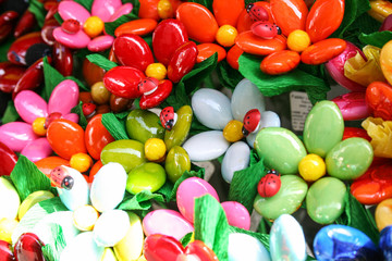 Typical Sulmona's  confetti, almond candies in shape of bunches of  colored flowers 