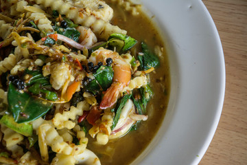 Spicy seafood stir fried, Thai spicy herb food