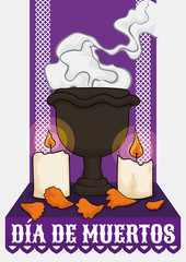 Altar for "Dia de Muertos" with Incense, Candles and Petals, Vector Illustration
