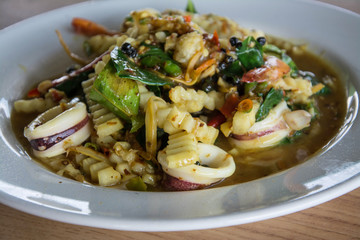 Spicy seafood stir fried, Thai spicy herb food