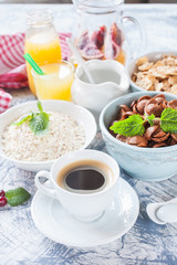 coffee and grain flakes on a table, selective focus