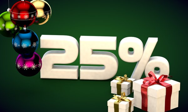 3d illustration rendering of Christmas sale 25 percent discount
