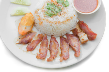 Barbecued red pork in sauce with rice isolated on white backgrou
