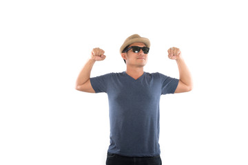 Fototapeta premium Portrait of an emotional hipster young man. Isolated on white ba