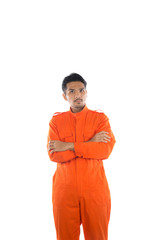 Prisoner man isolated on white background.