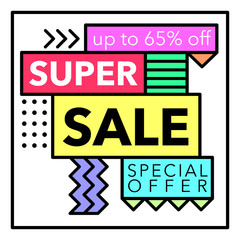 Sale and special offer poster for on-line shop. Vector illustration. 80s - 90s Memphis style.