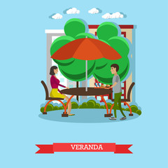 People having lunch on veranda. Vector illustration in flat style design. Street cafe concept poster