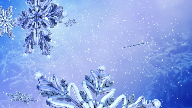 Flying group snowflake on blue snow background. Group of flying snowflakes on clear blue winter sky. Slow motion.
