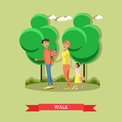 Family in park concept vector banner. People spending time with kids and friends