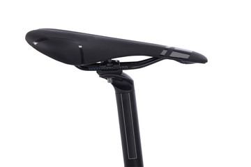 closeup of a bicycle saddle in the seat post isolated on white background.