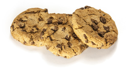 Three crunchy chocolate chips cookies on white background