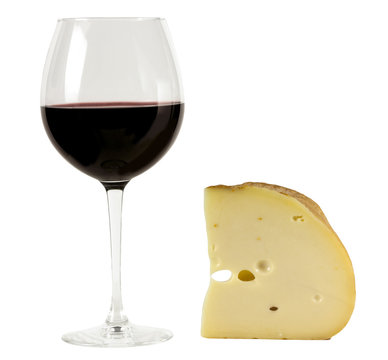 Glass of red wine and large cheese slice, isolated